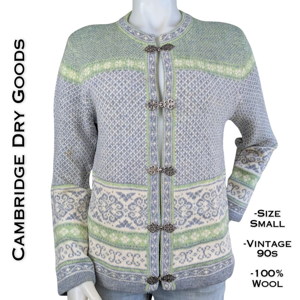 Cambridge Dry Goods Nordic Fair Isle Wool Cardigan Sweater S Blue Green VTG 90s